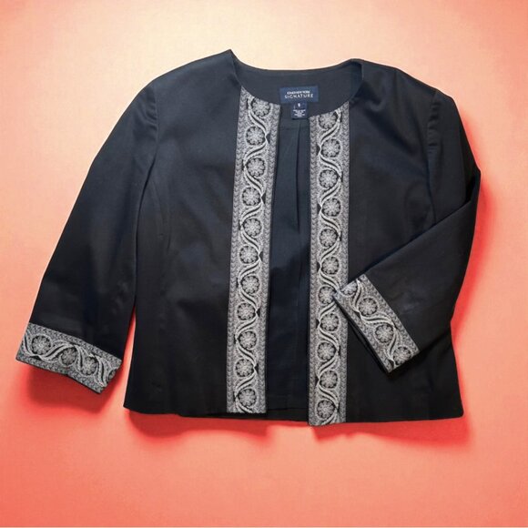 Jones NY Signature elegant black jacket w/ white embroidered trim - Picture 1 of 9